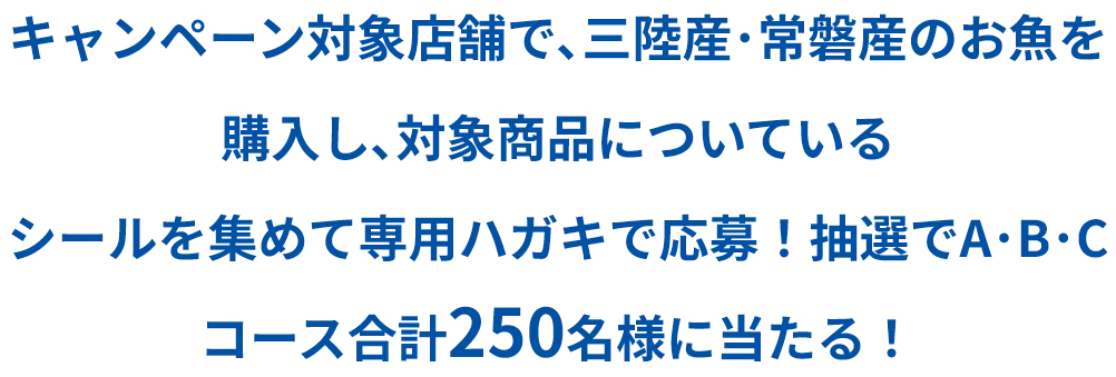 キャンペーン対象店舗で、三陸産・常磐産のお魚を購入し、対象商品についているシールを集めて専用ハガキで応募！抽選で合計250名様に当たる！